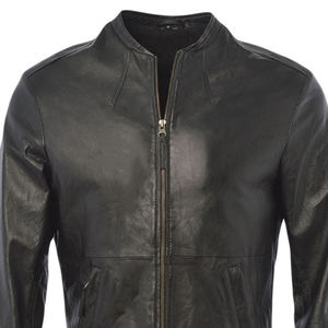 Veste de moto en cuir noir pour homme, col montant, coupe slim, avec fermetures éclair - Product Image 4