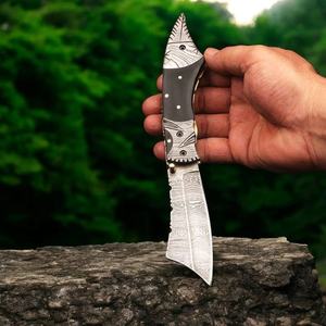 Custom Handmade Damascus Folding Knife with Bull Horn Handle Engraved Steel Bolster Leather Sheath EDC Pocket Knife OEM Supplier - Product Image 3