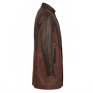 Abrigo Largo de Cuero Genuino Marrón Chocolate para Hombre, con Panel Inferior Personalizado en Tono Óxido, Cierre de Botones a Presión y Cuello Alto - Exportador - Product Image 3