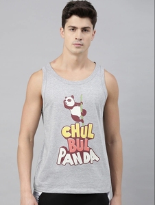 Débardeur sans manches gris pour homme avec imprimé de dessin animé Chul Bul Panda, col rond, style décontracté, 100% coton, tissu tricoté respirant - Product Image 4