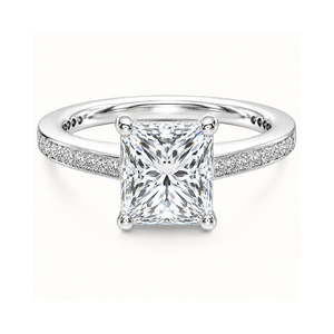 Anillo de Compromiso con Diamante Corte Princesa y Diamantes Redondos Decorativos |   Anillo Solitario de Oro Blanco de 14K, Joyería Nupcial Elegante para Mujer - Product Image 1