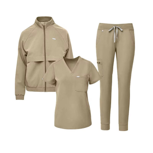 Premium Tan Medical Scrub <b>Set</b> Matching V-Neck Top Jogger Pants and Jacket Customize Hospital Nurse <b>Doctor</b> Nursing Workwear Suit - Product Image 1