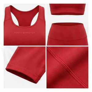 North Approach 2 Piece Yoga Set Racerback <b>Crop</b> <b>Top</b> High Waist Shorts Solid <b>Red</b> Sweat Wicking Breathable Sportswear - Product Image 4