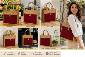 Jute Shopping <b>Bag</b> <b>Medium</b> <b>Size</b> Button Closure Cotton Padded Handle Natural Laminated Material Front Pocket - Product Image 3