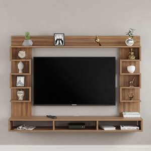 Meuble TV mural en bois d'ingénierie |   Support pour décodeur et meuble TV avec étagères pour livres et décorations |   Teck exotique - Product Image 3