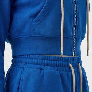 Conjunto de Sudadera con Capucha y Pantalones Cortos de 2 Piezas para Mujer, Color Azul, Felpa, Ropa Deportiva Informal, Largo por Encima de la Rodilla, Manga Larga, Color Sólido - Product Image 5