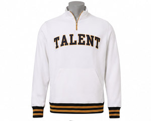 <b>Men's</b> Custom <b>White</b> Quarter Zip <b>Sweatshirt</b> Fleece Pullover with Chenille Varsity Lettering Striped Rib Cuffs - Product Image 3