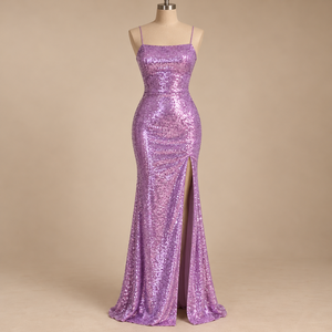 Robe de soirée sirène violette à sequins, bretelles spaghetti, longueur ras du sol, dos nu, fente latérale, pour soirée - Product Image 1