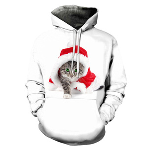 Sweat-shirt à capuche blanc pour femme, imprimé chat mignon en bonnet de Père Noël, avec poche, haut décontracté d'hiver - Product Image 1