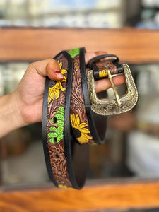 Cinturón de cuero genuino hecho a mano auténtico, cinturón floral pintado a mano occidental, cinturón de cintura Unisex de cuero mecanizado recién llegado - Product Image 2