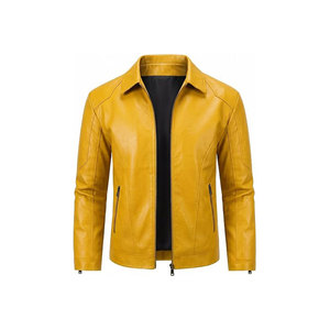 Blouson moto homme en cuir PU vert, col montant, fermeture éclair, coupe ajustée, style automne, manches classiques - Product Image 4