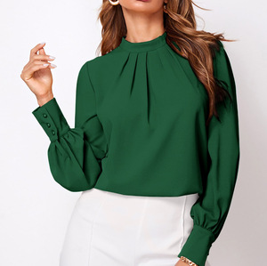 Blusa Elegante de Primavera para Mujer, Informal de Oficina, Transpirable, de Gasa, con Mangas Farol Plisadas, Cuello Alto y Botones Decorativos Frontales, No Tejida - Product Image 3