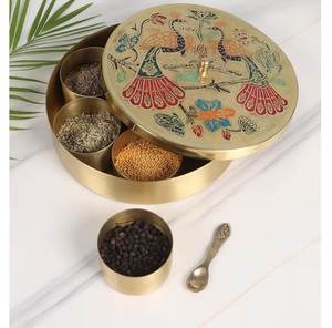 Boîte à épices en laiton avec couvercle motif paon, plusieurs compartiments intérieurs, récipient traditionnel indien pour masala, compatible lave-vaisselle et four - Product Image 1