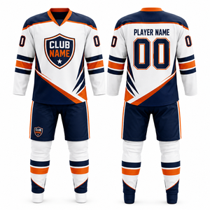 MEGAMAPLE Custom Ice Hockey Uniform Jersey Set Men's Sportswear White Navy Orange 100% Polyester Heat Transfer Printing Hand - Product Image 1