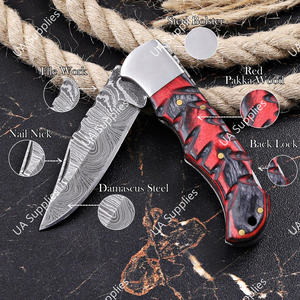 Cuchillo de bolsillo plegable EDC de lujo, forjado a mano en acero de Damasco, con mango de madera Pakka y patrón de llama roja, coleccionable, OEM/ODM - Product Image 3