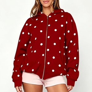 Sweat-shirt à capuche zippé personnalisé pour femme, à pois, rouge, en coton, décontracté, pour l'automne, style streetwear, veste zippée - Product Image 1