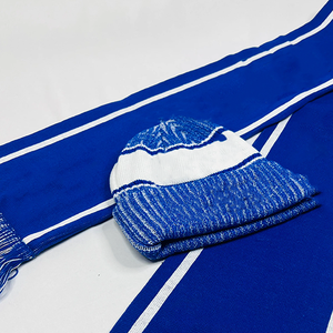 Ensemble bonnet et écharpe en tricot acrylique rayé bleu et blanc avec logo personnalisé Alpha Phi Beta Sorority, pompon premium, équipement d'hiver - Product Image 3