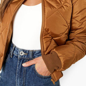 Women's PU Leather Thin Quilted Bomber Jacket Full Sleeve <b>Zipper</b> Closure Solid Color Turn-down Collar Short Length Autumn Wear - Product Image 4