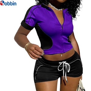 Ensemble 2 pièces tendance pour femme : veste courte sport décontractée et short, style patchwork, fermeture éclair, collection automne - Product Image 4