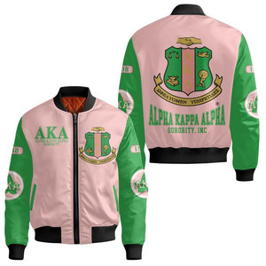 Blouson Bomber Alpha Aka Sorority Rose Vert avec Motif de Blason, Fermeture Éclair sur le Devant, Unisexe, Décontracté, Coupe-Vent - Product Image 1