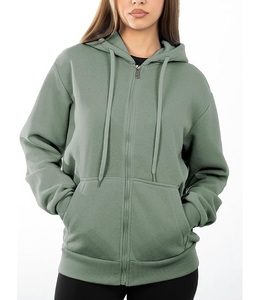 Nouvel arrivage : Sweat à capuche zippé décontracté pour femme, 100 % coton, manches longues, col rond, épaules tombantes, couleur unie, confortable, meilleur prix - Product Image 1