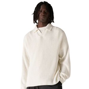 Men Heavy Washed Rib Knit Polo Sweater <b>Neutral</b> Long Sleeve Soft Textured Pullover Casual Winter Top Cotton Blend OEM - Product Image 3