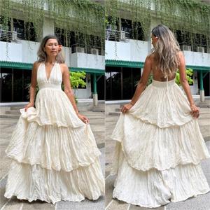 Vestido de Novia Premium con Volantes, Vestido de Novia Blanco, Vestido Maxi Bohemio con Capas, Vestido Maxi con Volantes para Embarazadas, Vestido de Novia con Escote en V Profundo - Product Image 5