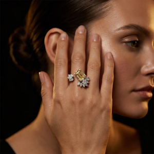 Luxury Women 18K <b>Gold</b> <b>Cocktail</b> <b>Ring</b> With Emerald Cut Yellow Diamond Flower Design - Product Image 3