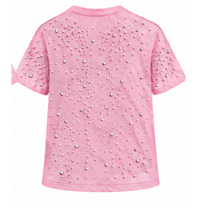 T-shirt unisexe rose clair perlé, col rond, manches courtes, orné de perles, pour le streetwear et les tenues décontractées au quotidien - Product Image 2