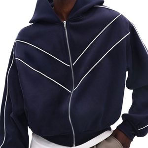 Sudadera con capucha y cremallera para hombre de alta calidad, personalizada, con ribetes en color contrastante, corte holgado, tejido polar, mangas largas - Product Image 3