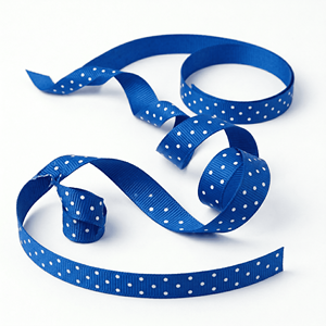 Cinta de Grosgrain Estampada con Puntos Azules y Blancos de 6 mm de Neelkamal Industries, 100% Poliéster, Resistente al Encogimiento, Decorativa, al por Mayor - Product Image 1