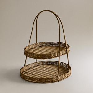 Two Tier Rattan Serving Tray With Handle Woven Wicker Fruit Stand Basket Decorative Food Platter <b>Kitchen</b> Dessert Display <b>Tower</b> - Product Image 6