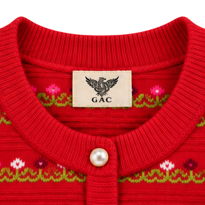 Cárdigan de punto jacquard rojo para mujer, cuello redondo, tacto suave, algodón, manga larga, botones frontales, estilo vintage de otoño - Product Image 5
