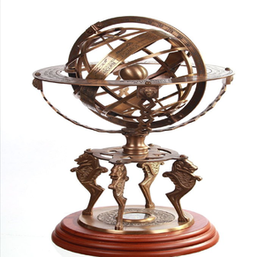Handcrafted brass armillary sphere globe accent with arrow and fleur-de-lis finial top, available at wholesale prices. - Product Image 4