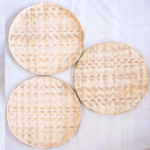 <b>Circle</b> bamboo <b>tray</b> natural braided flat basket custom made serving <b>trays</b> for snack fruit storage - Product Image 1