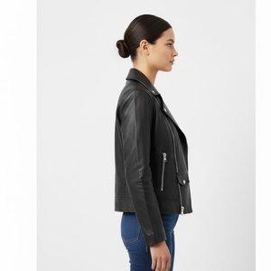 Veste moto en cuir véritable pour femme, col montant, fermeture éclair, manches longues, style automne, couleur unie, coupe classique - Product Image 3