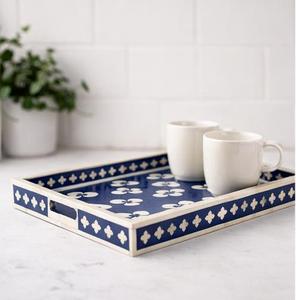 Table basse rectangulaire avec plateau de service en os incrusté, poignées, motif floral bleu, fait main, écologique, 14x10 16x12 pouces - Product Image 5