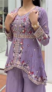 Conjunto de Salwar Kameez Morado Bordado Elástico con Volantes, Palazzo y Dupatta, para Bodas y Fiestas, Ropa Tradicional India de Secado Rápido, Talla XL para Mujer - Product Image 4