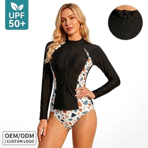 Fabricant de maillots de bain à marque privée – Maillot de bain une pièce à manches longues UPF50+ avec fermeture éclair sur le devant pour femme, protection anti-UV, imprimé personnalisé, extensible dans les 4 sens - Product Image 1