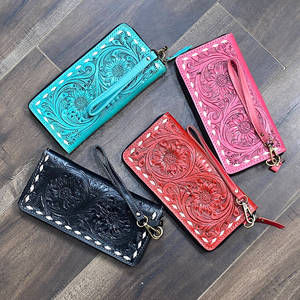 Wholesale Custom Tooled Floral Genuine Leather Pink Zipper Wallet Western Style New Fashion Card Holder Clutch <b>Purse</b> For Women - Product Image 3