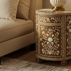 Luxury Modern Floral Bone Inlay <b>Bedside</b> <b>Table</b> Handcrafted <b>Round</b> Wood Nightstand with 2 Drawers - Product Image 4