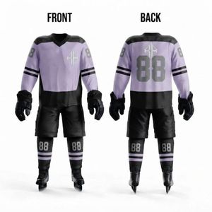 Ensemble complet d'uniforme de hockey sur glace à manches longues, impression par transfert thermique, col en V, taille élastique, 100 % polyester, qualité supérieure pour hommes - Product Image 1