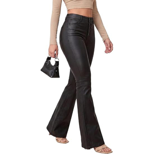 Pantalones de Cuero Genuino para Mujer, Cintura Alta, Corte Regular, Elásticos, de Cuero Sintético, Rectos, Ecológicos, Transpirables, Casuales - Product Image 3