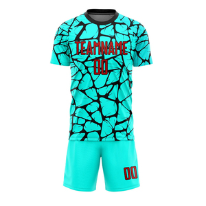Ensemble d'uniformes de football unisexe, turquoise et noir, motif craquelé, maillot sublimé, short à séchage rapide, 100% polyester, col rond - Product Image 4