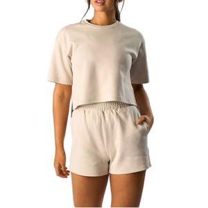 Camiseta Corta de Cuello Redondo para Mujer, Color Beige, Manga Corta, Corte Regular, Color Sólido, Estilo Urbano, Tejida, Ecológica, con Estampado Personalizado - Product Image 1