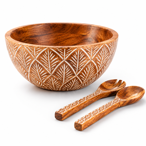 Ensemble de saladiers en bois faits à la main avec cuillères de service |   Grand bol rond à motif de feuilles sculptées pour fruits, légumes, pâtes, collations - Product Image 1