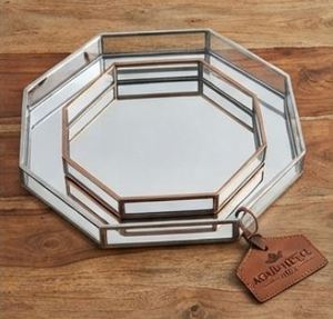 Plateau miroir hexagonal en métal et verre, design unique, taille moyenne, plateau de service pour la vaisselle, les mariages et les événements spéciaux - Product Image 3