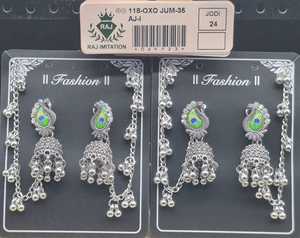 Indian <b>Silver</b> Plated Paisley Peacock Feather Jhumka <b>Earrings</b> Crystal Halo Ghungroo Drop Kaan <b>Chain</b> Jewelry Wholesale Set - Product Image 3