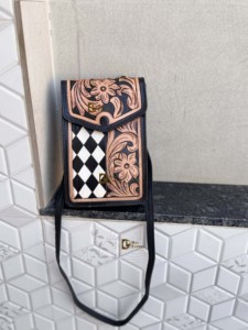 Hand Tooled Carving Leather Phone Purse Sling <b>Bag</b> <b>Small</b> Size Checkered Pattern Handbag For Women Daily Use Shoulder Strap - Product Image 4
