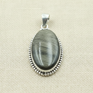Colgante Ovalado de Obsidiana con Brillo Plateado, Plata de Ley 925, Joyería Hecha a Mano, Chapado en Oro Rosa y Oro Amarillo, Collar Boho, Regalo Unisex - Product Image 1